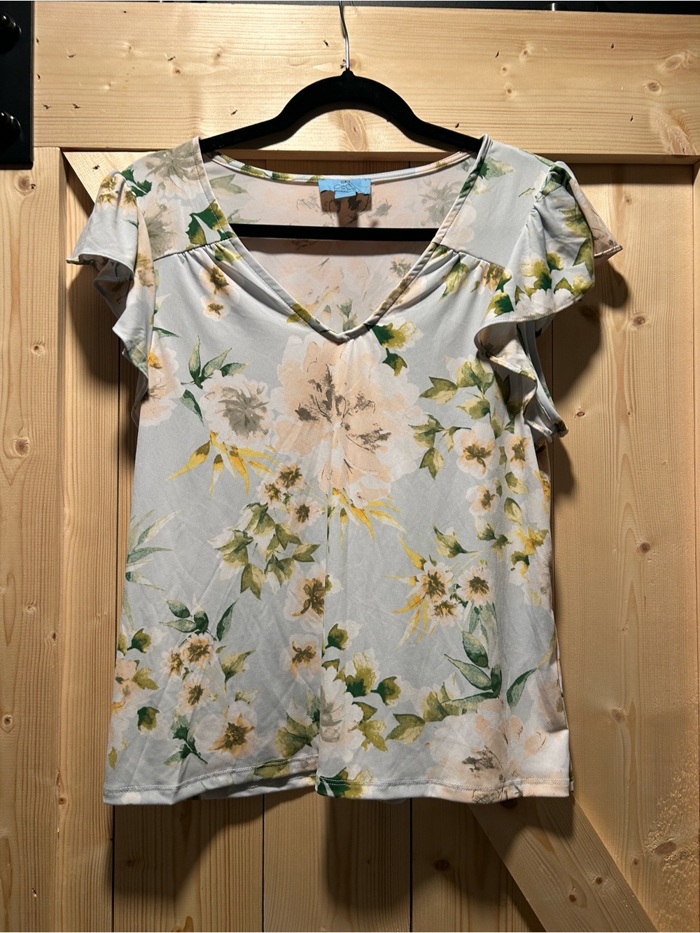 CeCe Pale Blue Floral V-Neck Flutter Sleeve Blouse